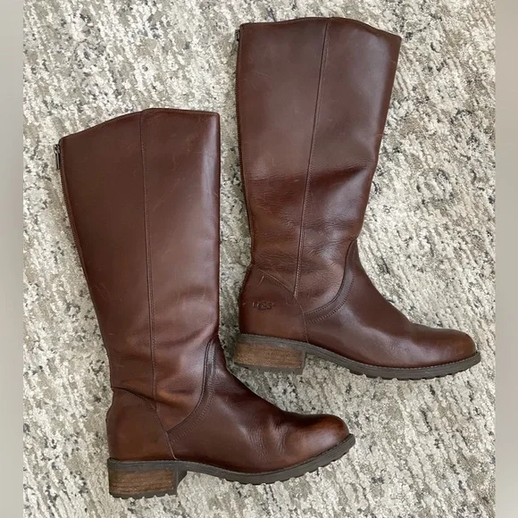UGG Seldon Leather Boots Knee High Full Zip Brown Size 9 Althletic Calf - Picture 2 of 13